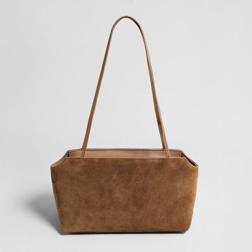 Suede Leather Structured Shoulder Bag – Notched Trapezoid Zip Tote