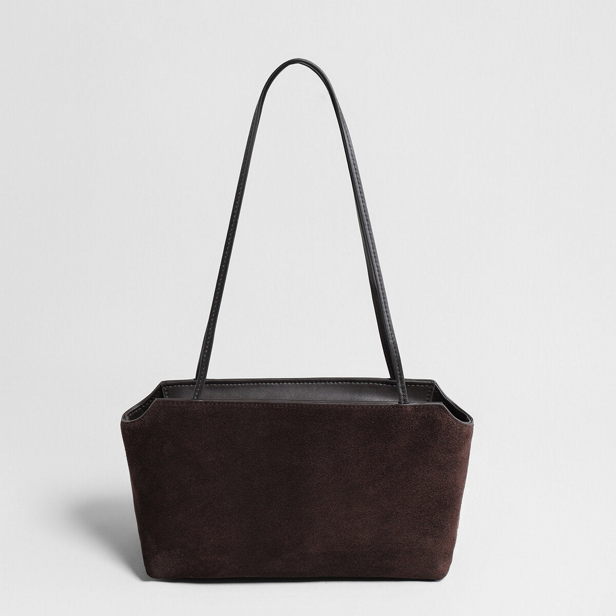 Suede Leather Structured Shoulder Bag – Notched Trapezoid Zip Tote