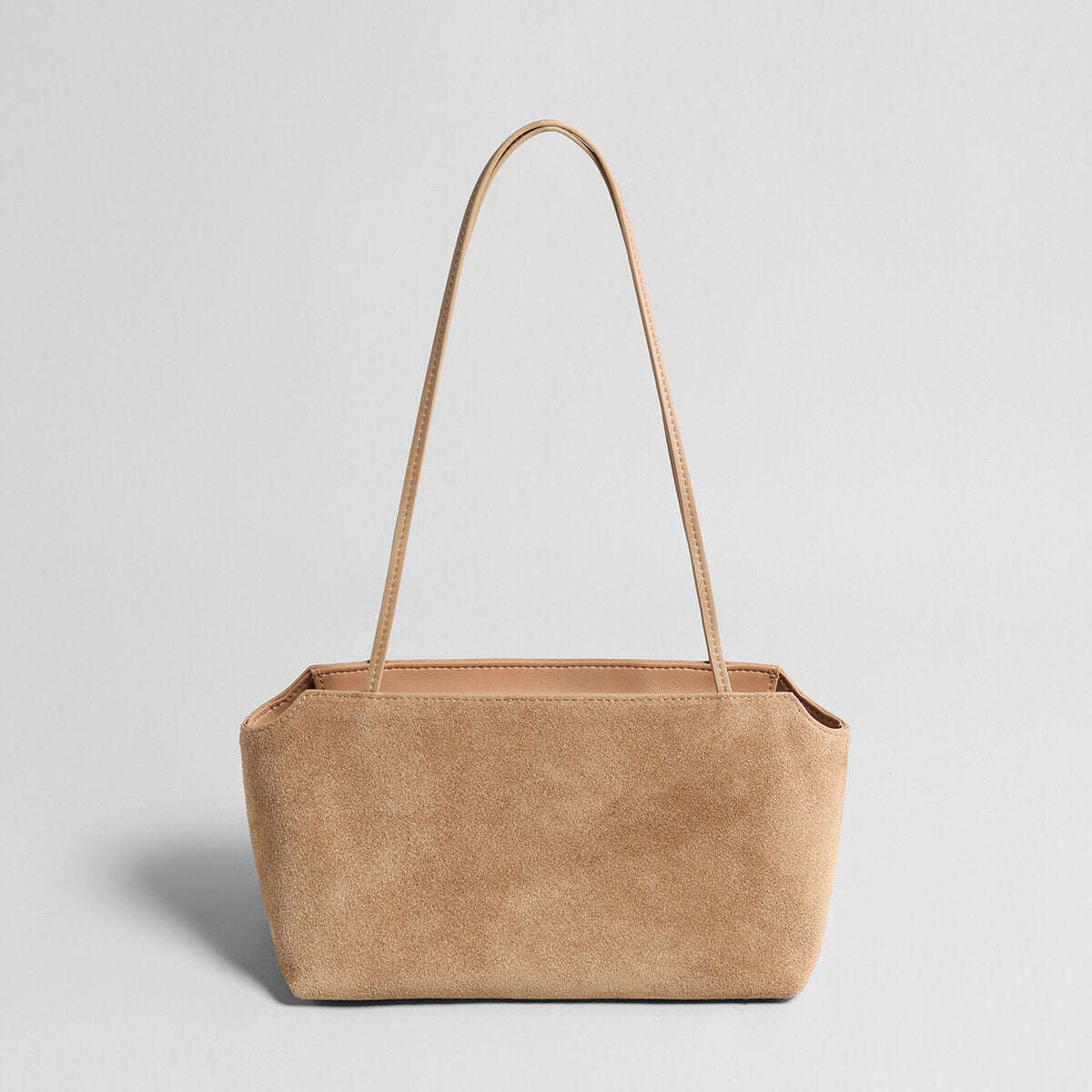 Suede Leather Structured Shoulder Bag – Notched Trapezoid Zip Tote