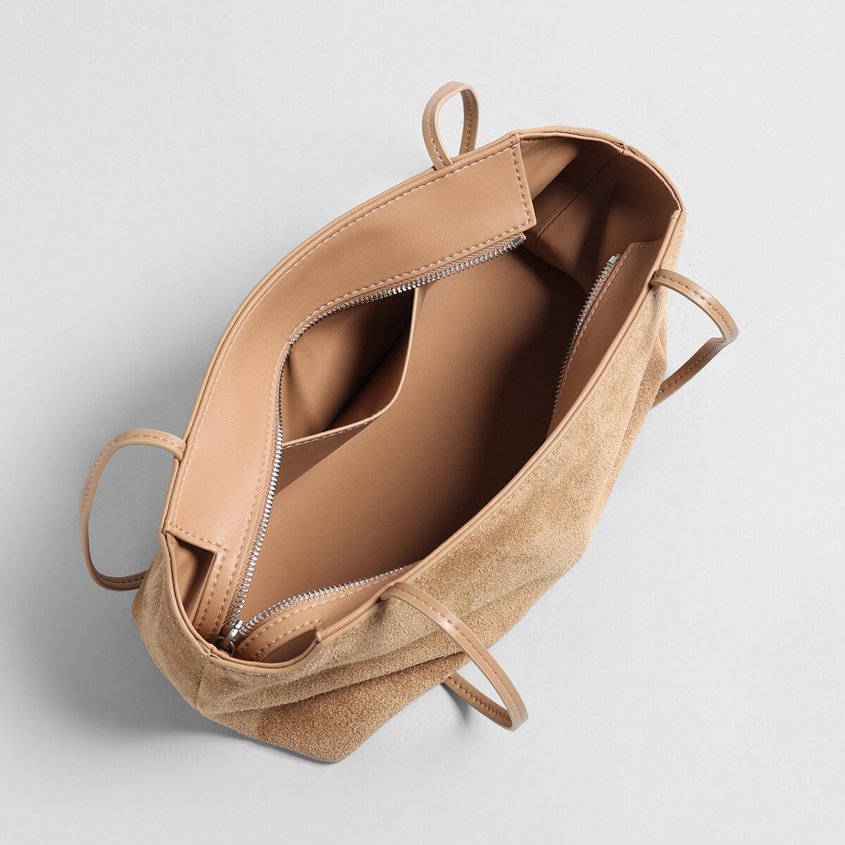 Suede Leather Structured Shoulder Bag – Notched Trapezoid Zip Tote