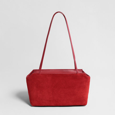 Suede Leather Structured Shoulder Bag – Notched Trapezoid Zip Tote