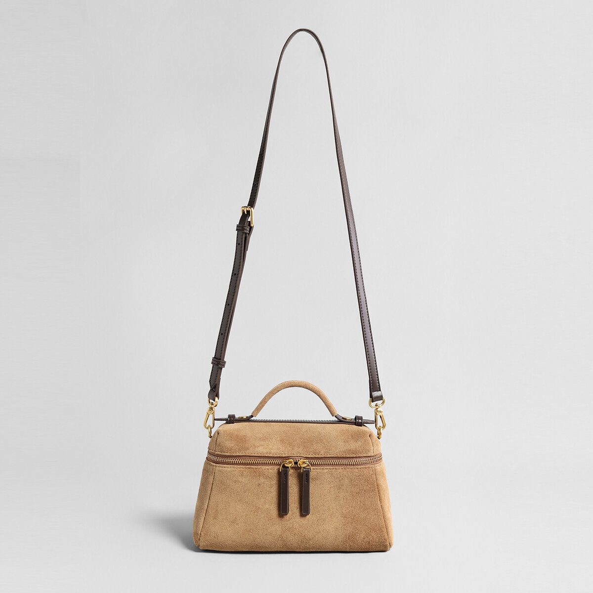 Suede Leather Structured Shoulder Bag – Vanity Case Top Handle & Crossbody