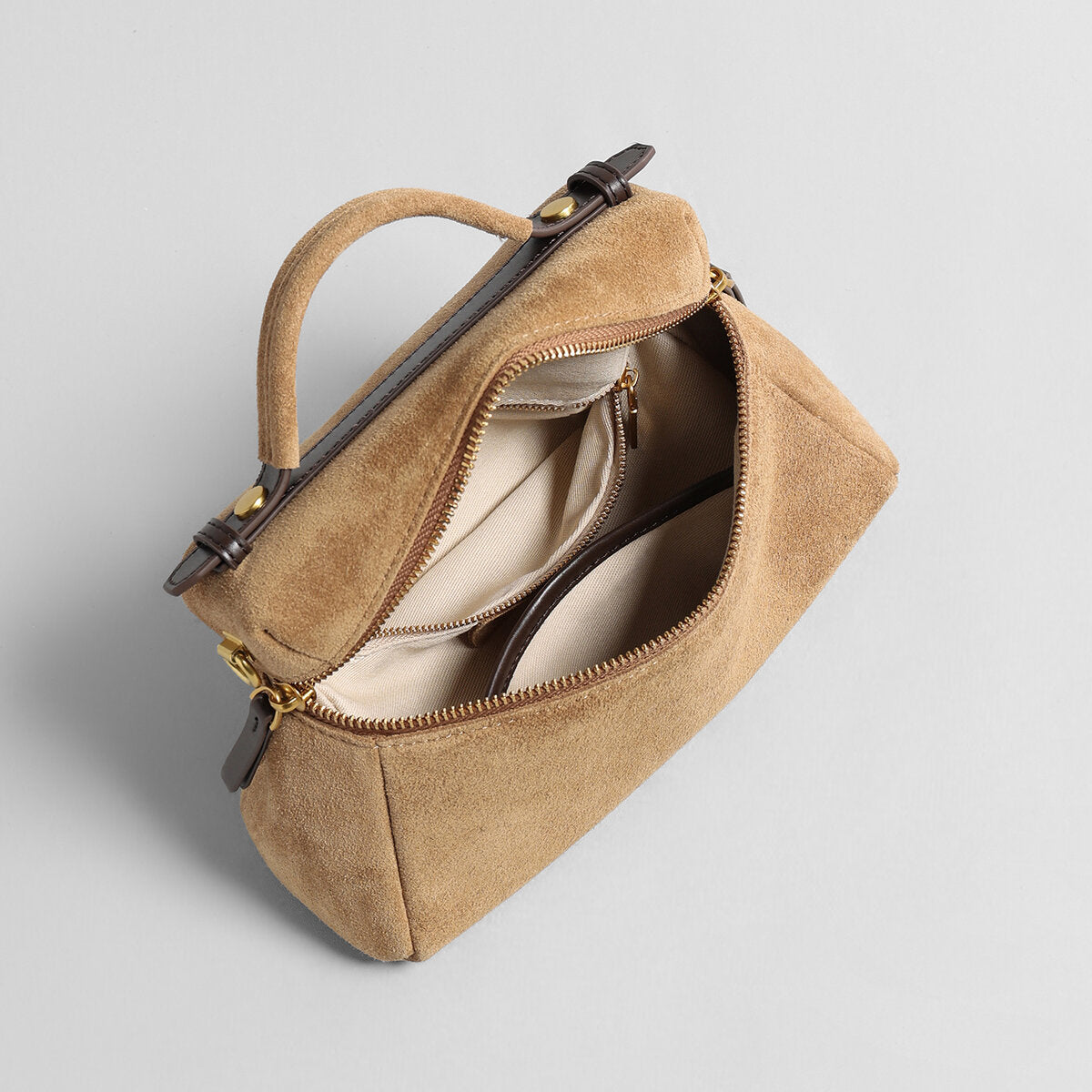 Suede Leather Structured Shoulder Bag – Vanity Case Top Handle & Crossbody