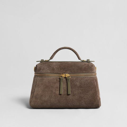 Suede Leather Structured Shoulder Bag – Vanity Case Top Handle & Crossbody
