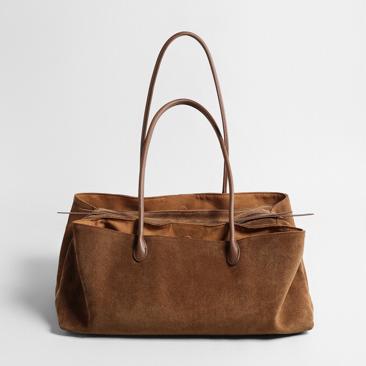 Suede Leather Triple-Compartment Tote Bag – East-West Shoulder Bag with Center Zip Pocket