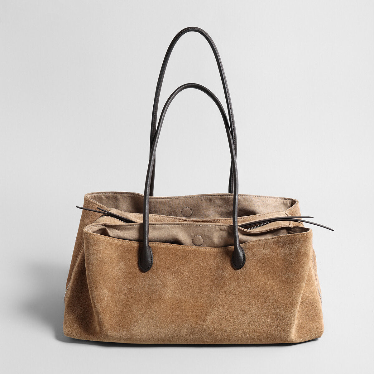 Suede Leather Triple-Compartment Tote Bag – East-West Shoulder Bag with Center Zip Pocket
