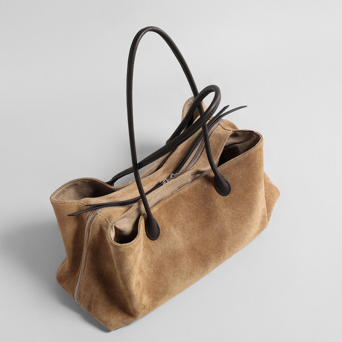 Suede Leather Triple-Compartment Tote Bag – East-West Shoulder Bag with Center Zip Pocket
