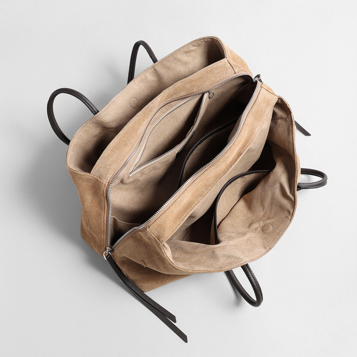 Suede Leather Triple-Compartment Tote Bag – East-West Shoulder Bag with Center Zip Pocket