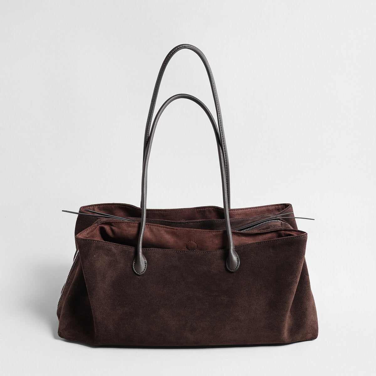Suede Leather Triple-Compartment Tote Bag – East-West Shoulder Bag with Center Zip Pocket