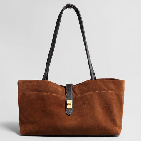 Suede Leather Turn-Lock Tote Bag – Wave-Top Shoulder Bag with Contrast Leather Straps