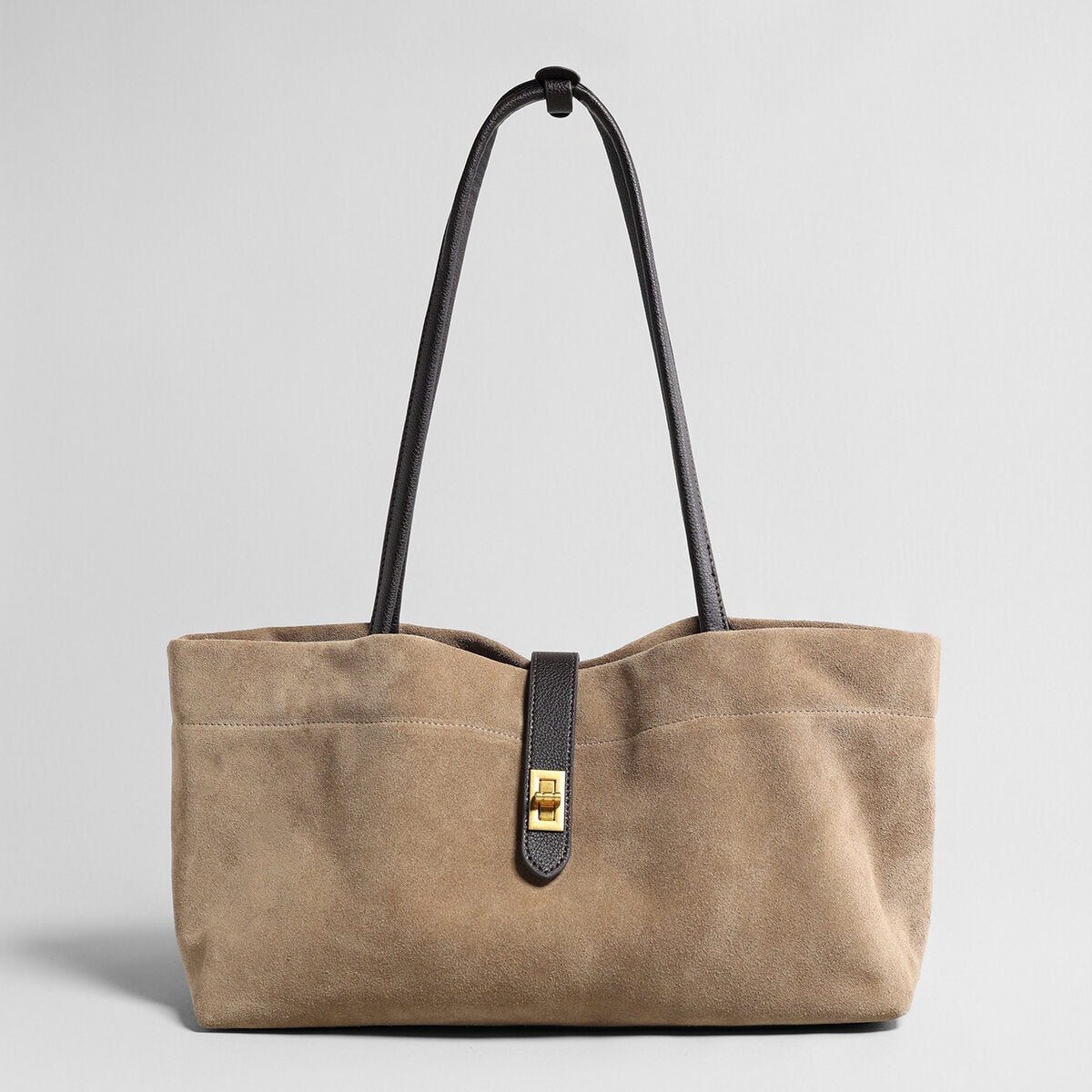 Suede Leather Turn-Lock Tote Bag – Wave-Top Shoulder Bag with Contrast Leather Straps