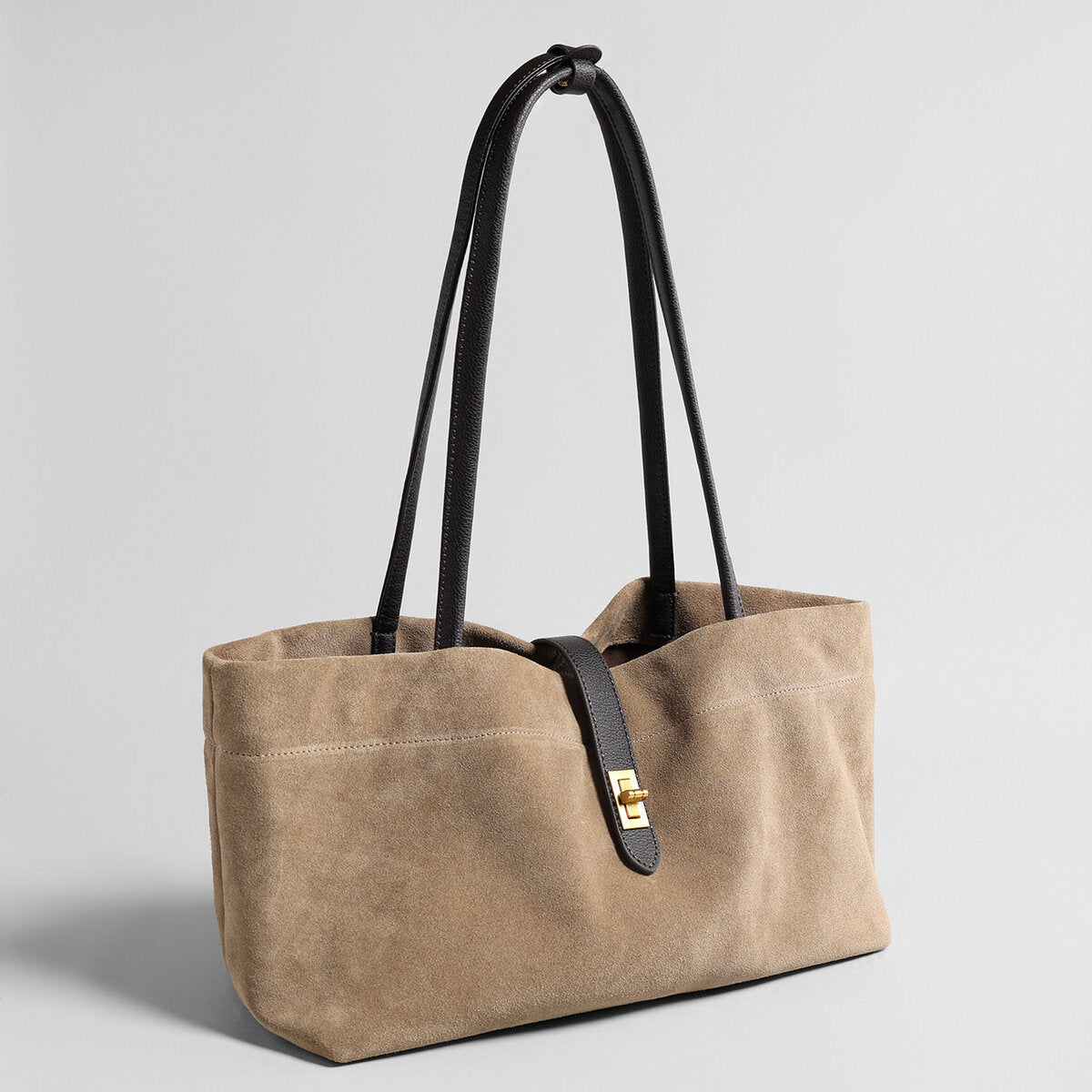 Suede Leather Turn-Lock Tote Bag – Wave-Top Shoulder Bag with Contrast Leather Straps