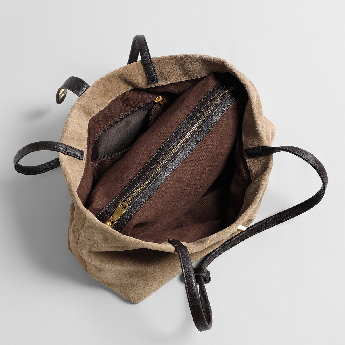 Suede Leather Turn-Lock Tote Bag – Wave-Top Shoulder Bag with Contrast Leather Straps