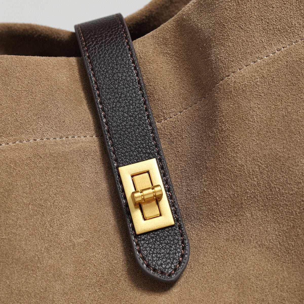 Suede Leather Turn-Lock Tote Bag – Wave-Top Shoulder Bag with Contrast Leather Straps