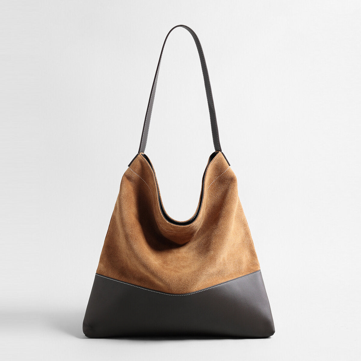 Suede & Leather Two-Tone Hobo Bag – Slouchy Shoulder Bag with Contrast Leather Strap