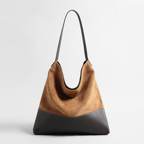 Suede & Leather Two-Tone Hobo Bag – Slouchy Shoulder Bag with Contrast Leather Strap