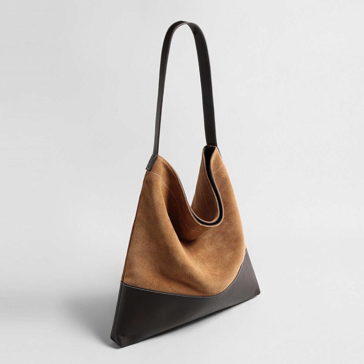 Suede & Leather Two-Tone Hobo Bag – Slouchy Shoulder Bag with Contrast Leather Strap