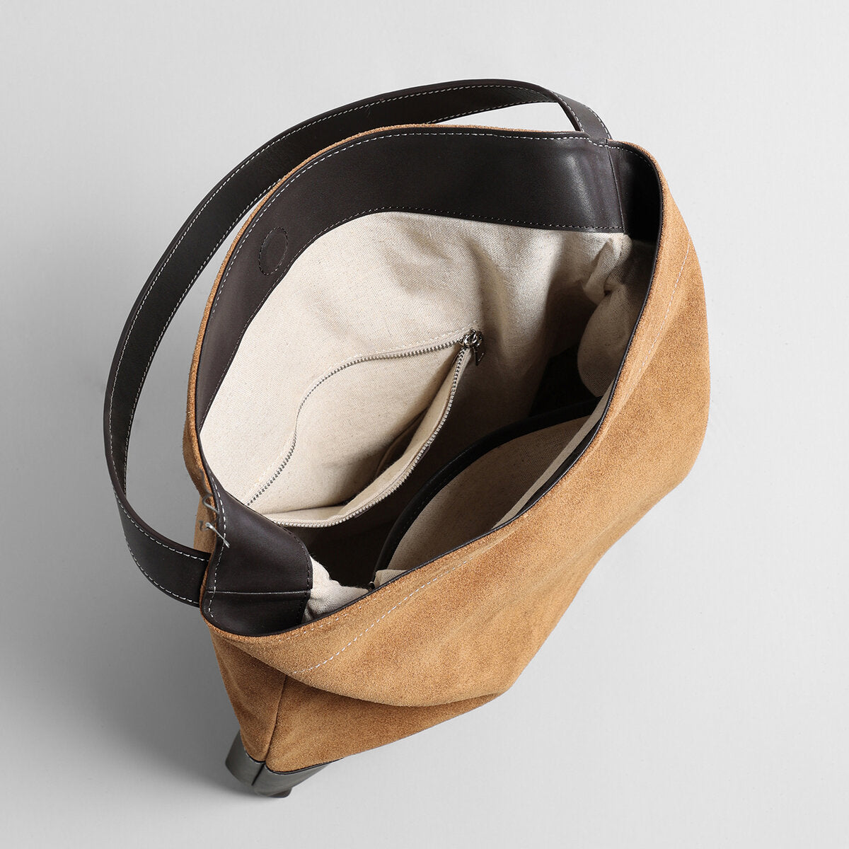 Suede & Leather Two-Tone Hobo Bag – Slouchy Shoulder Bag with Contrast Leather Strap