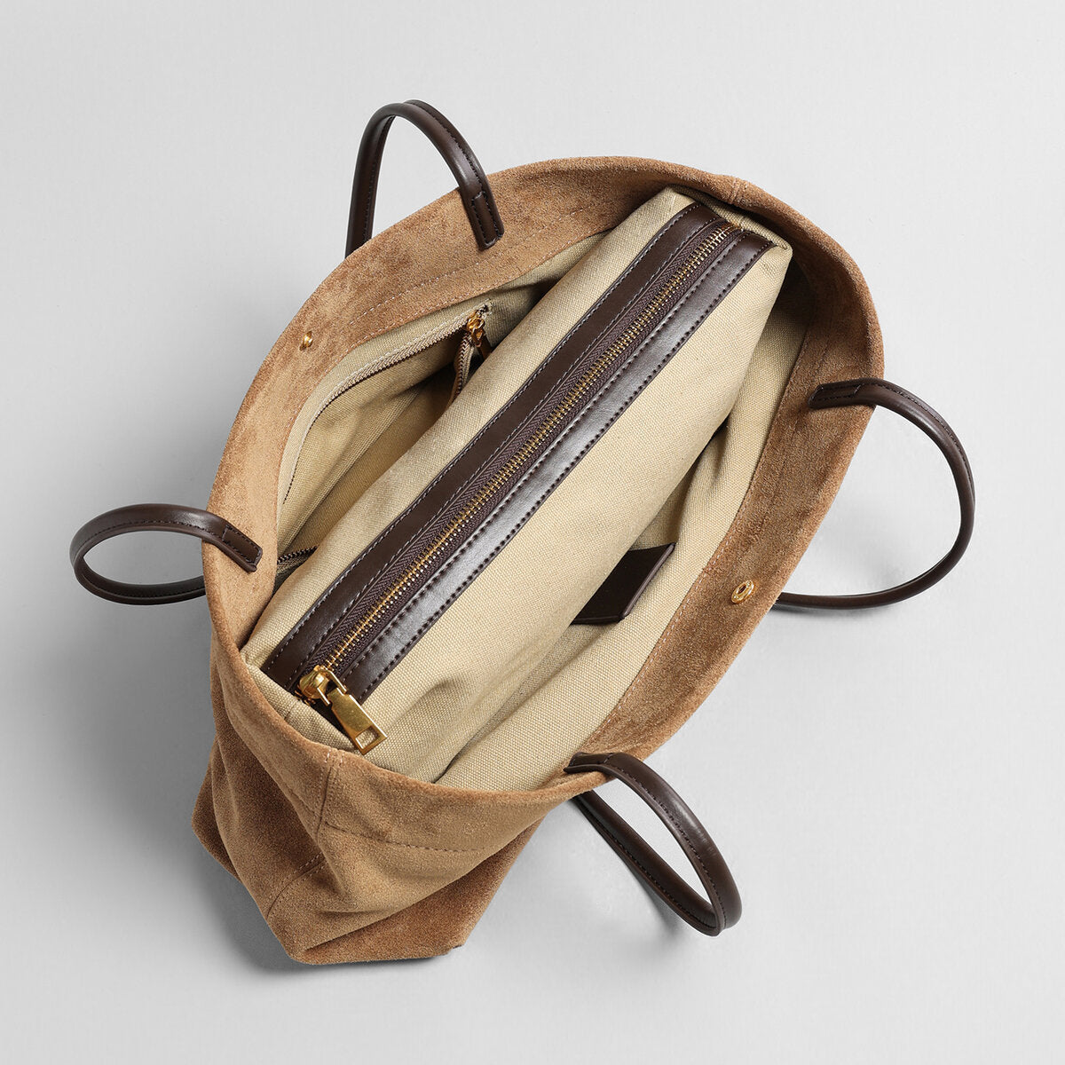 Suede Leather Wave-Top Tote Bag – Open-Top Shoulder Bag with Contrast Leather Handles