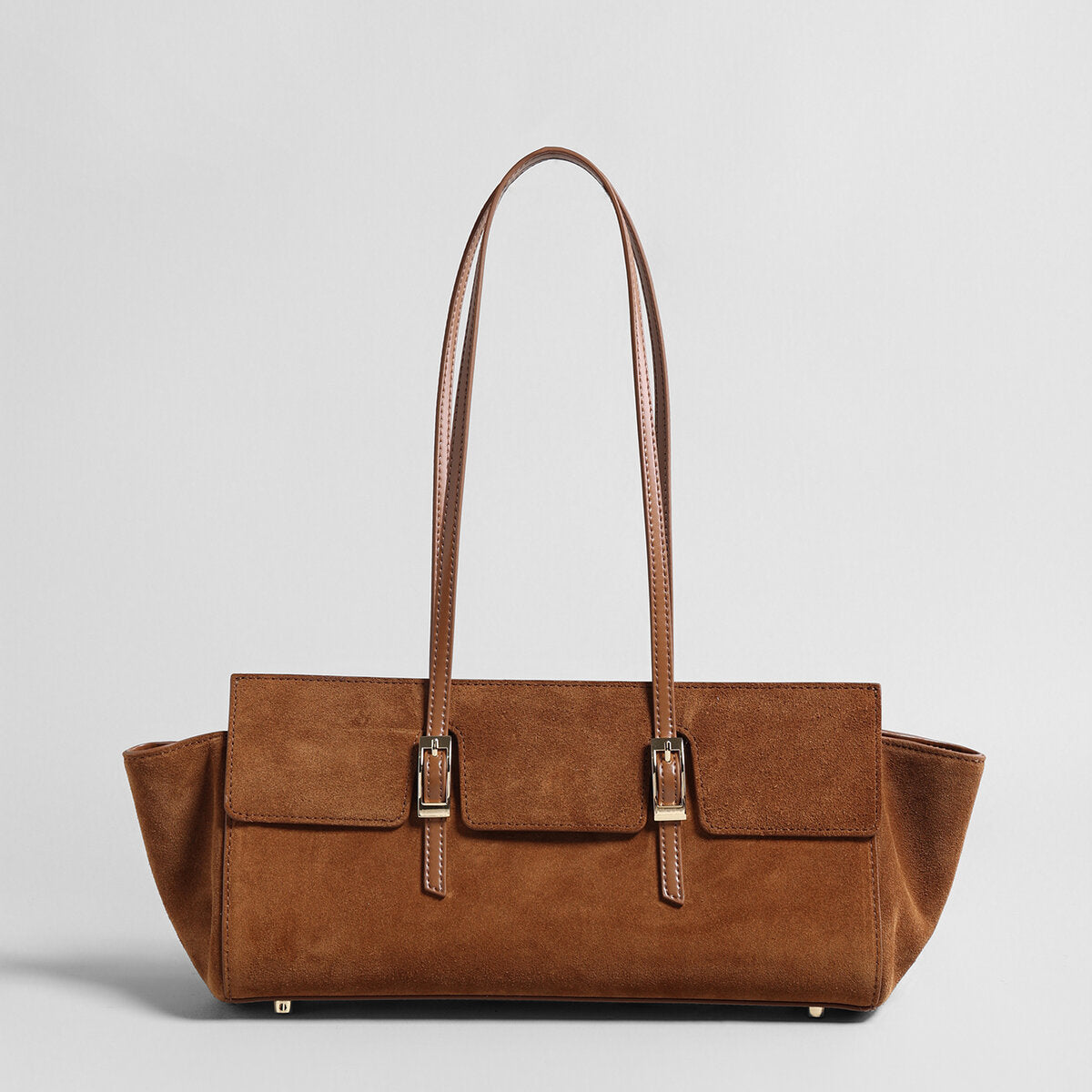 Suede Leather Winged Shoulder Bag – East-West Tote with Double Buckle Pockets