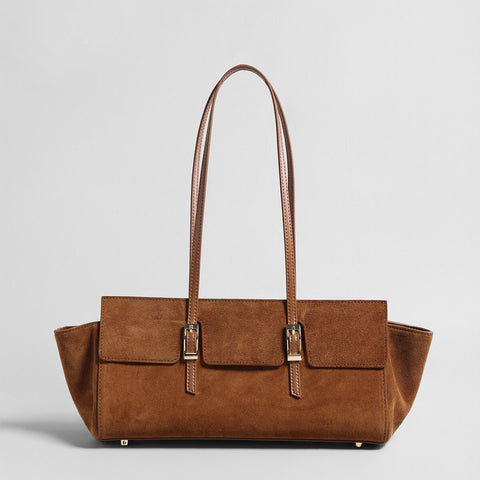 Suede Leather Winged Shoulder Bag – East-West Tote with Double Buckle Pockets