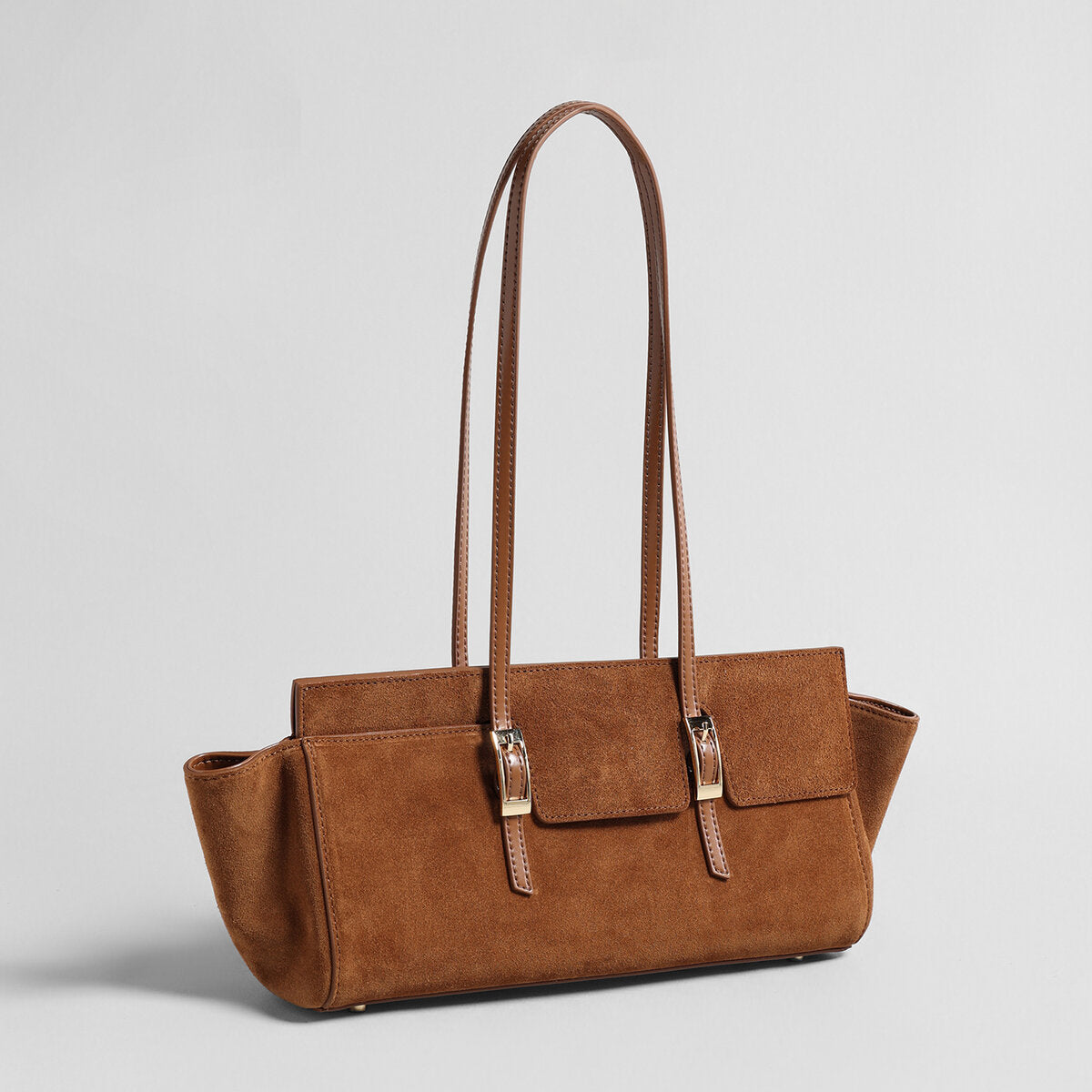 Suede Leather Winged Shoulder Bag – East-West Tote with Double Buckle Pockets