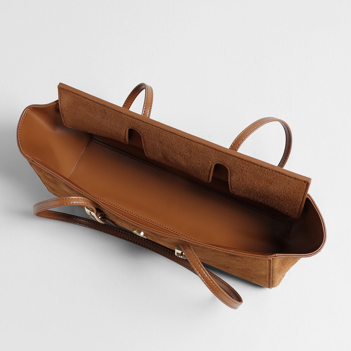 Suede Leather Winged Shoulder Bag – East-West Tote with Double Buckle Pockets