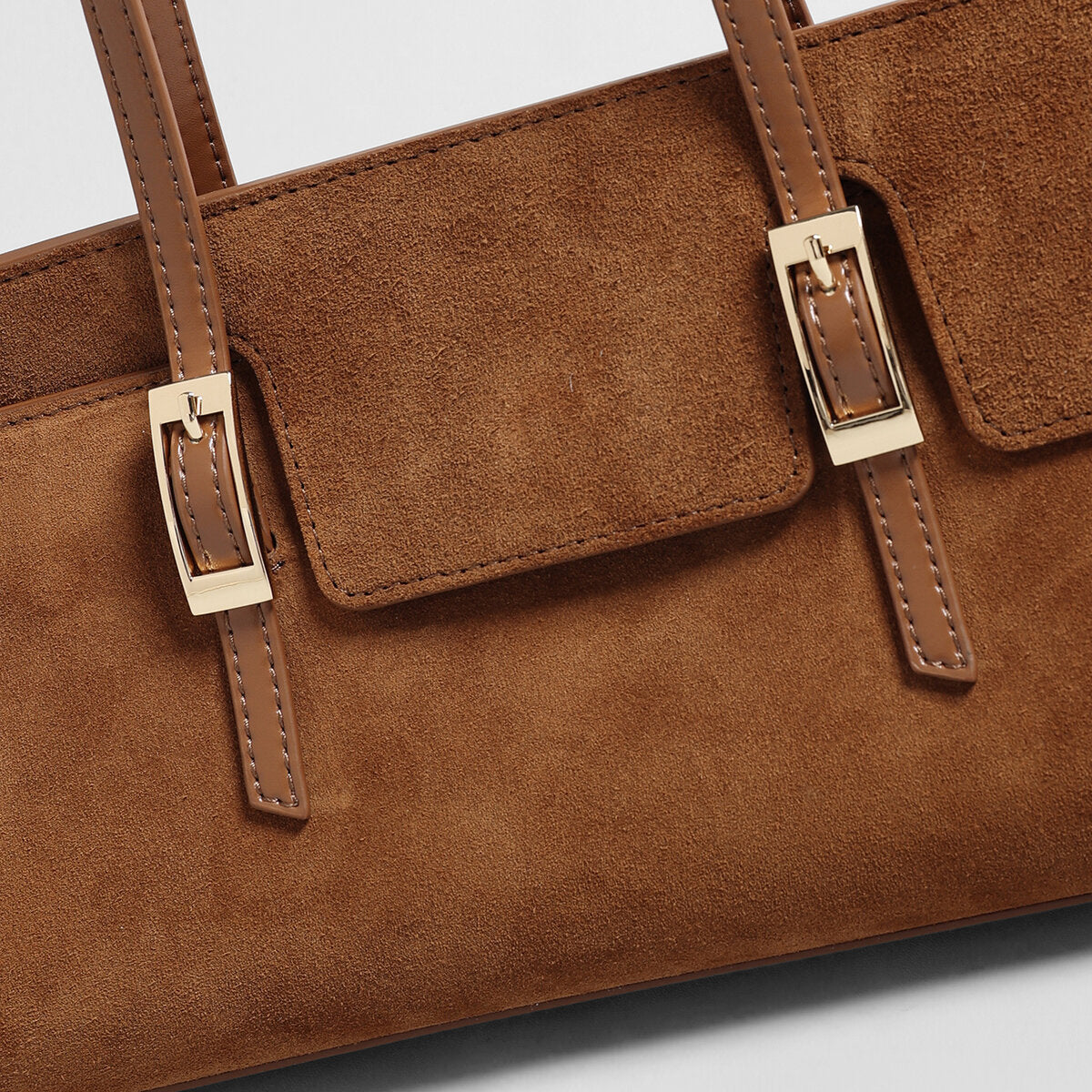 Suede Leather Winged Shoulder Bag – East-West Tote with Double Buckle Pockets