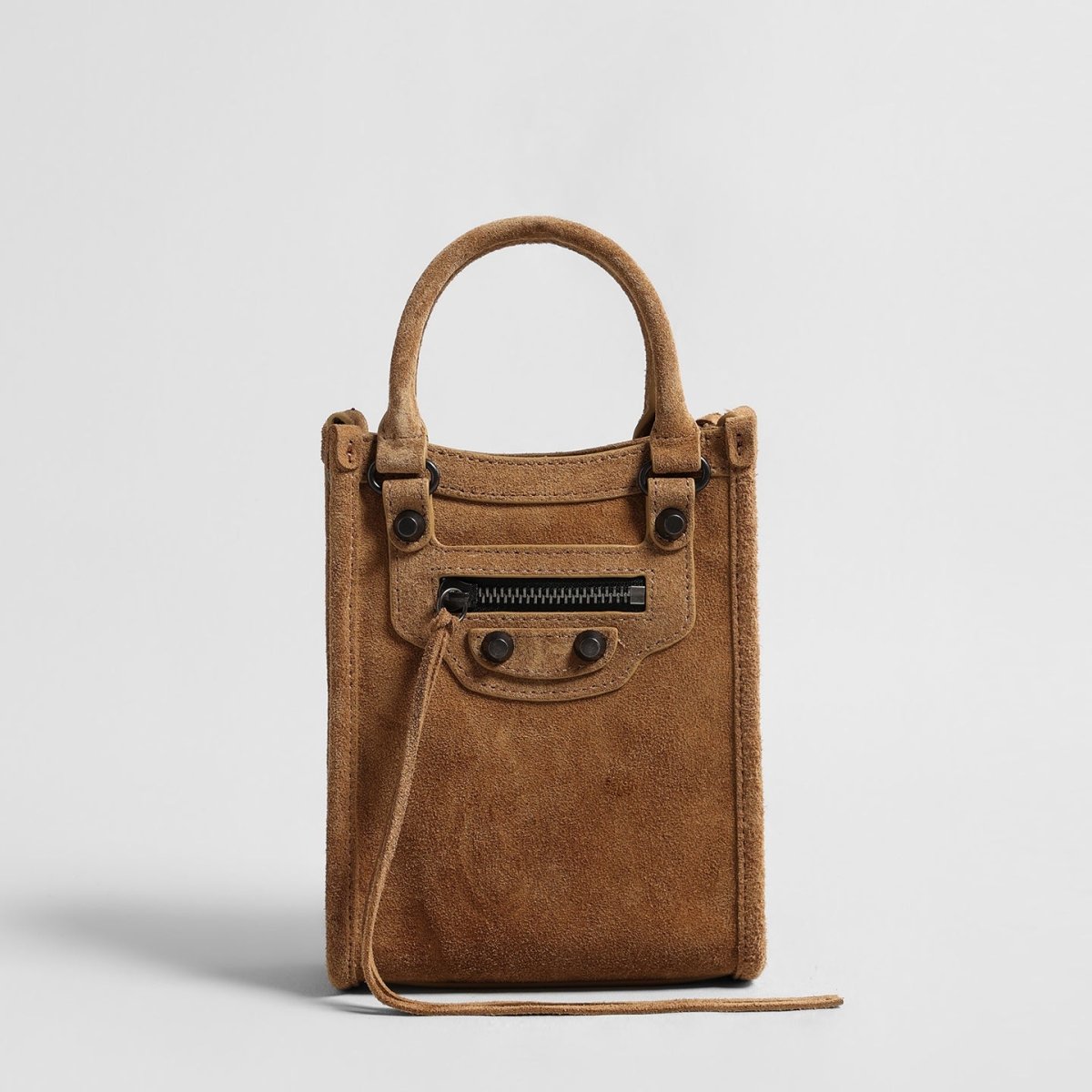 Suede Mini Moto Bag – Studded Top-Handle Crossbody Bag with Tassel