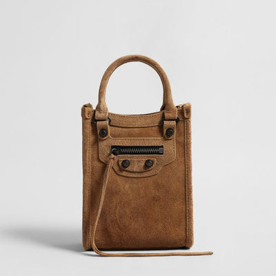 Suede Mini Moto Bag – Studded Top-Handle Crossbody Bag with Tassel
