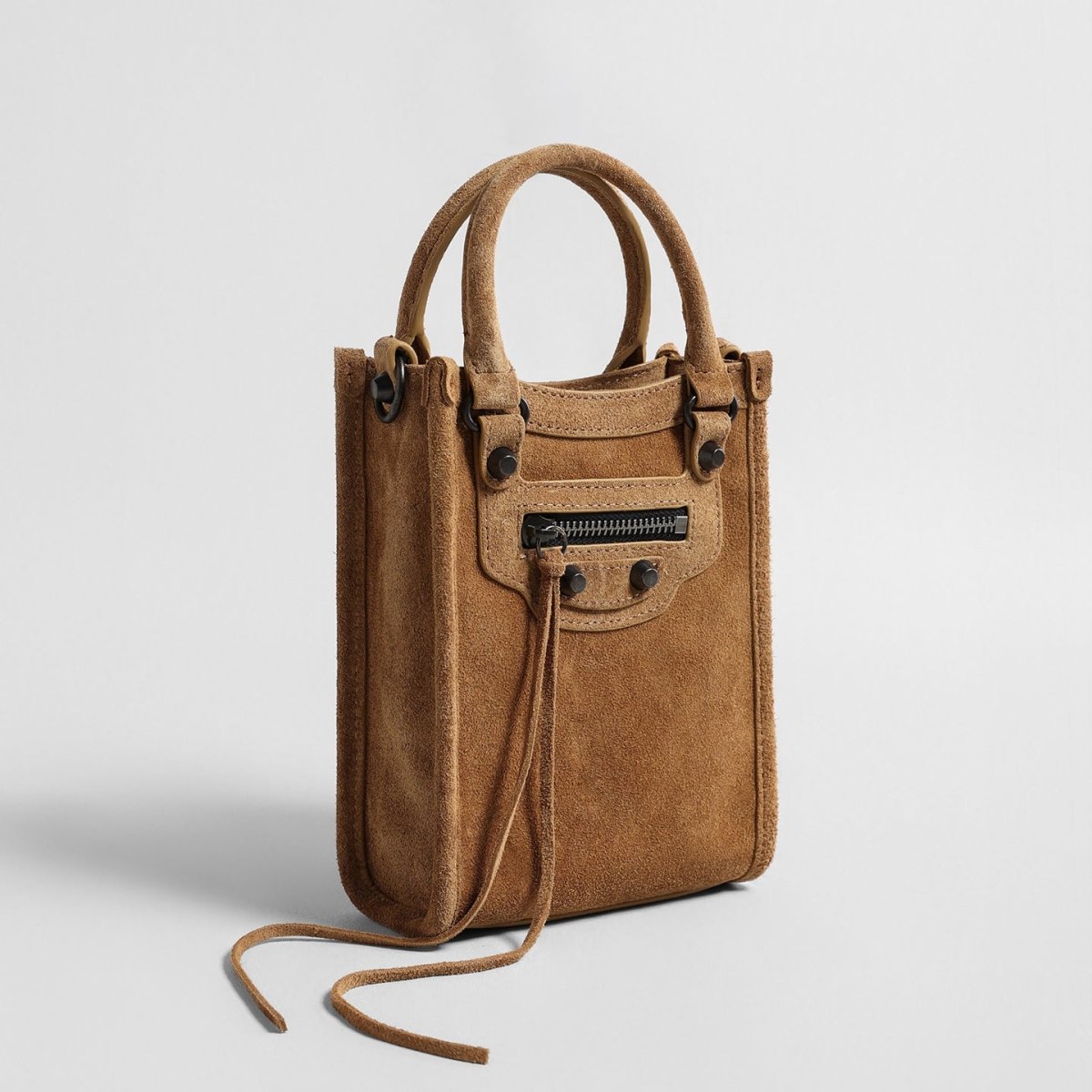 Suede Mini Moto Bag – Studded Top-Handle Crossbody Bag with Tassel