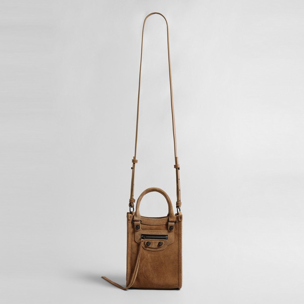 Suede Mini Moto Bag – Studded Top-Handle Crossbody Bag with Tassel