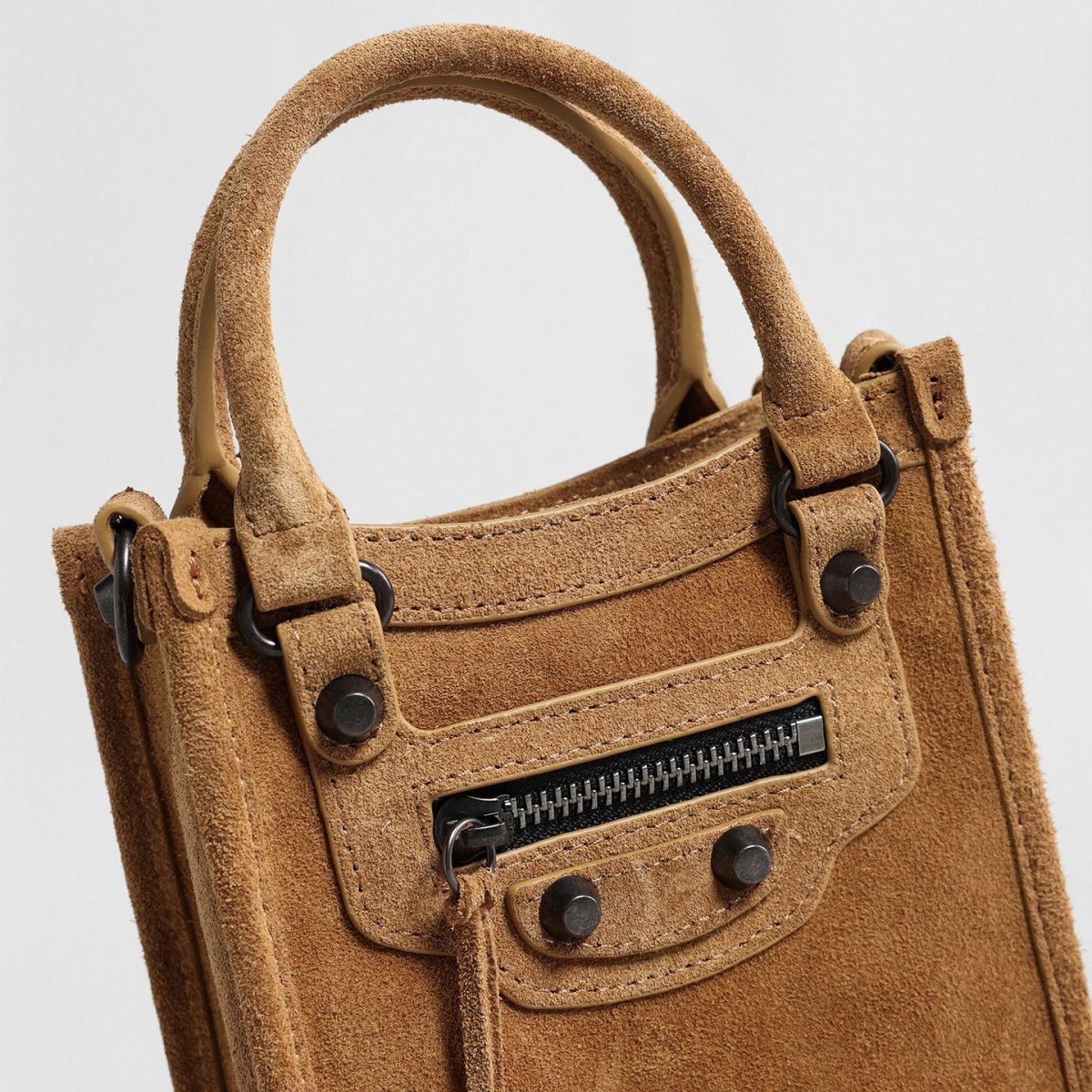 Suede Mini Moto Bag – Studded Top-Handle Crossbody Bag with Tassel