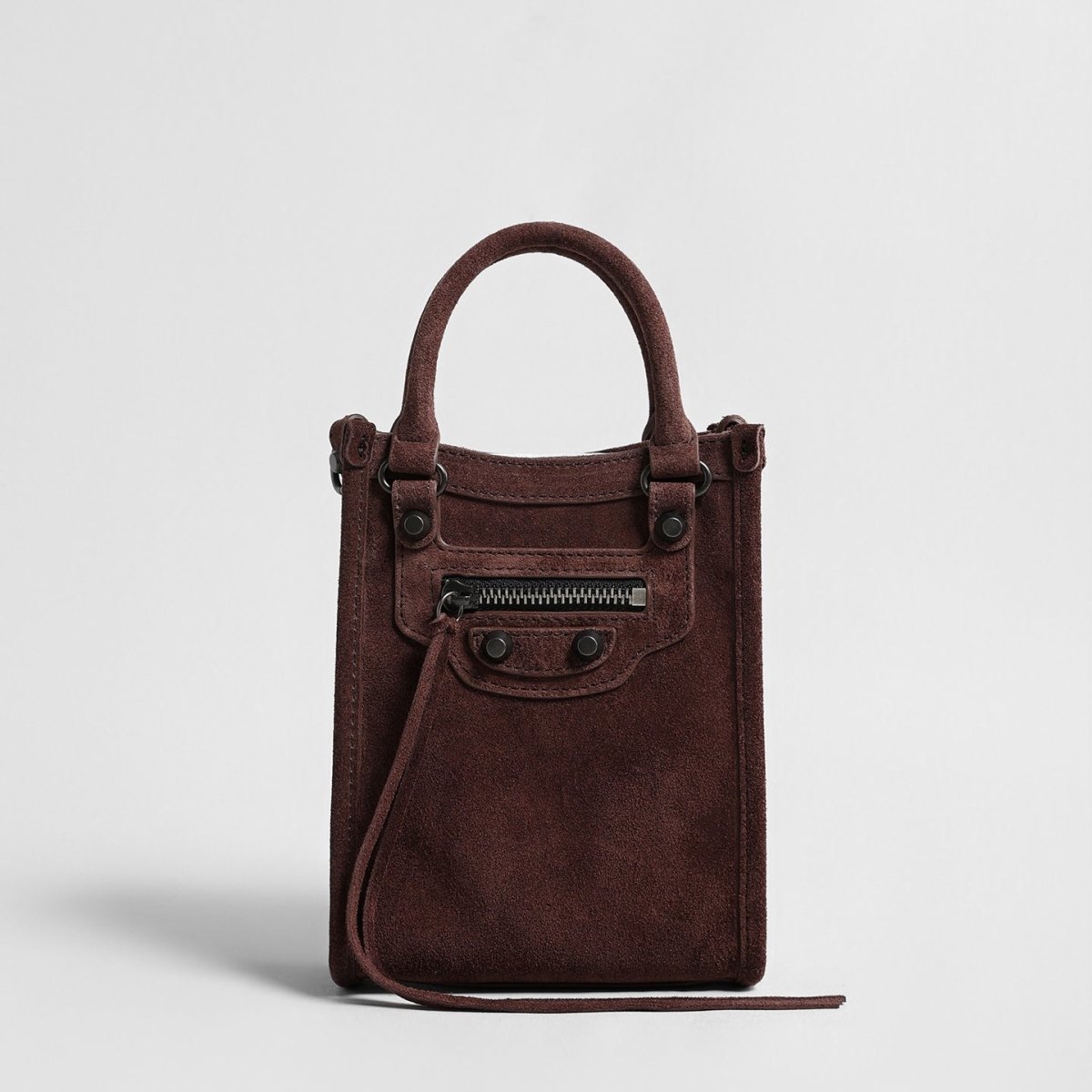 Suede Mini Moto Bag – Studded Top-Handle Crossbody Bag with Tassel