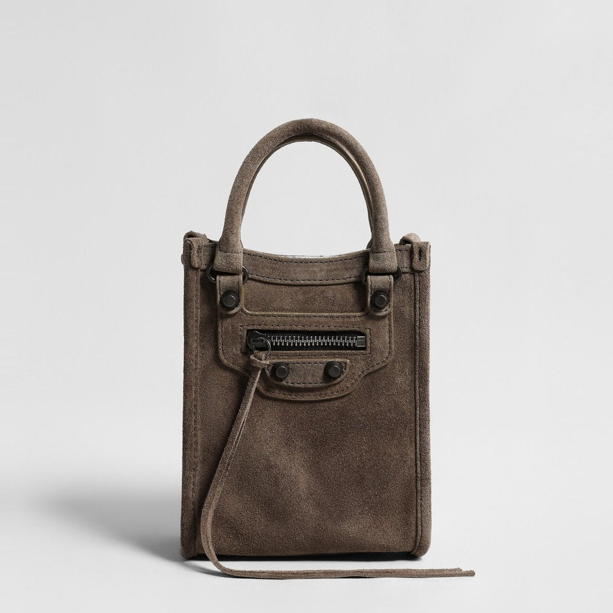 Suede Mini Moto Bag – Studded Top-Handle Crossbody Bag with Tassel