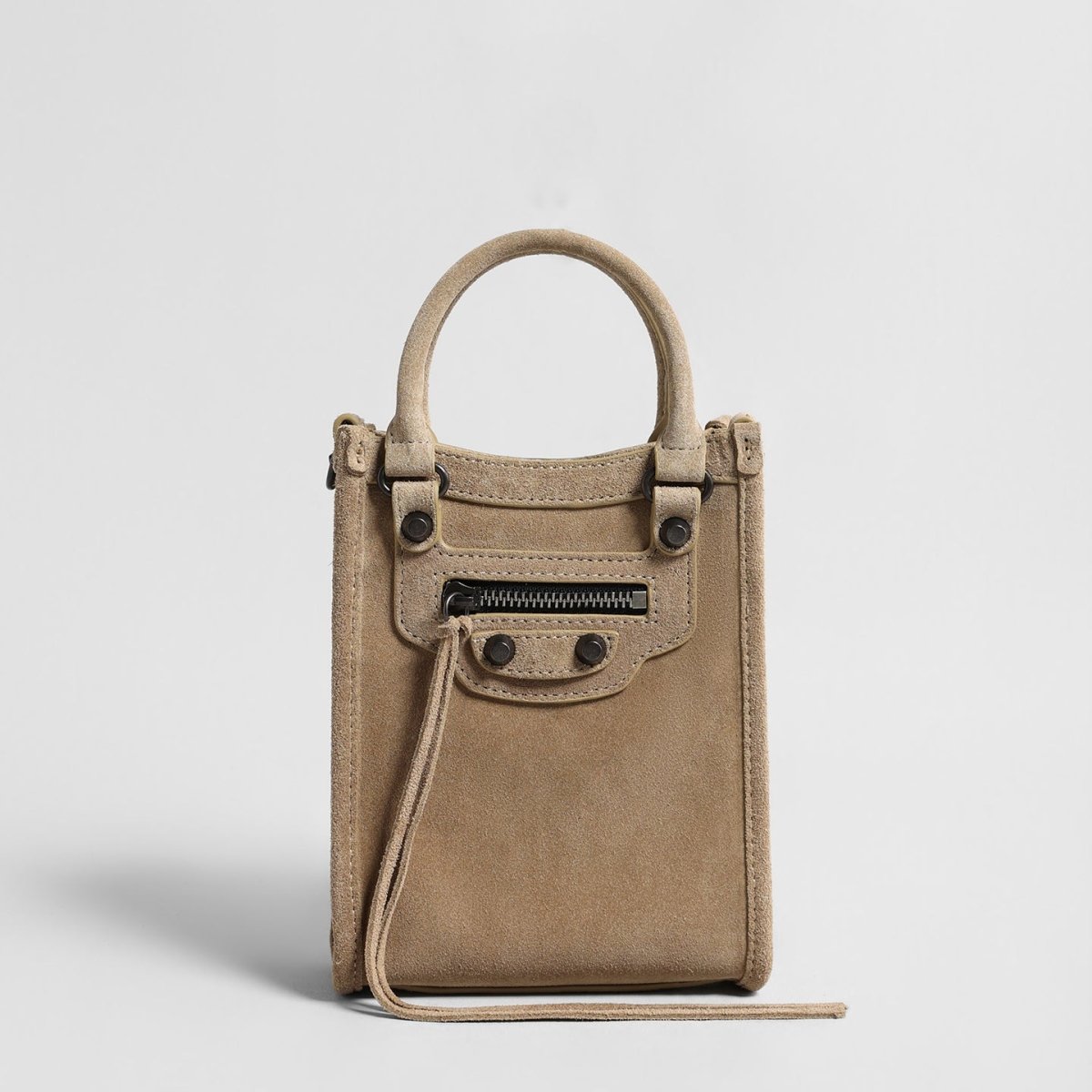 Suede Mini Moto Bag – Studded Top-Handle Crossbody Bag with Tassel