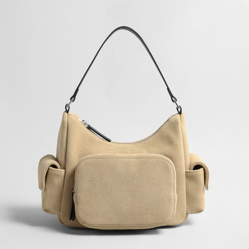 Suede Multi-Pocket Hobo Bag – Contrast Leather Shoulder & Crossbody Bag