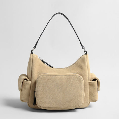 Suede Multi-Pocket Hobo Bag – Contrast Leather Shoulder & Crossbody Bag