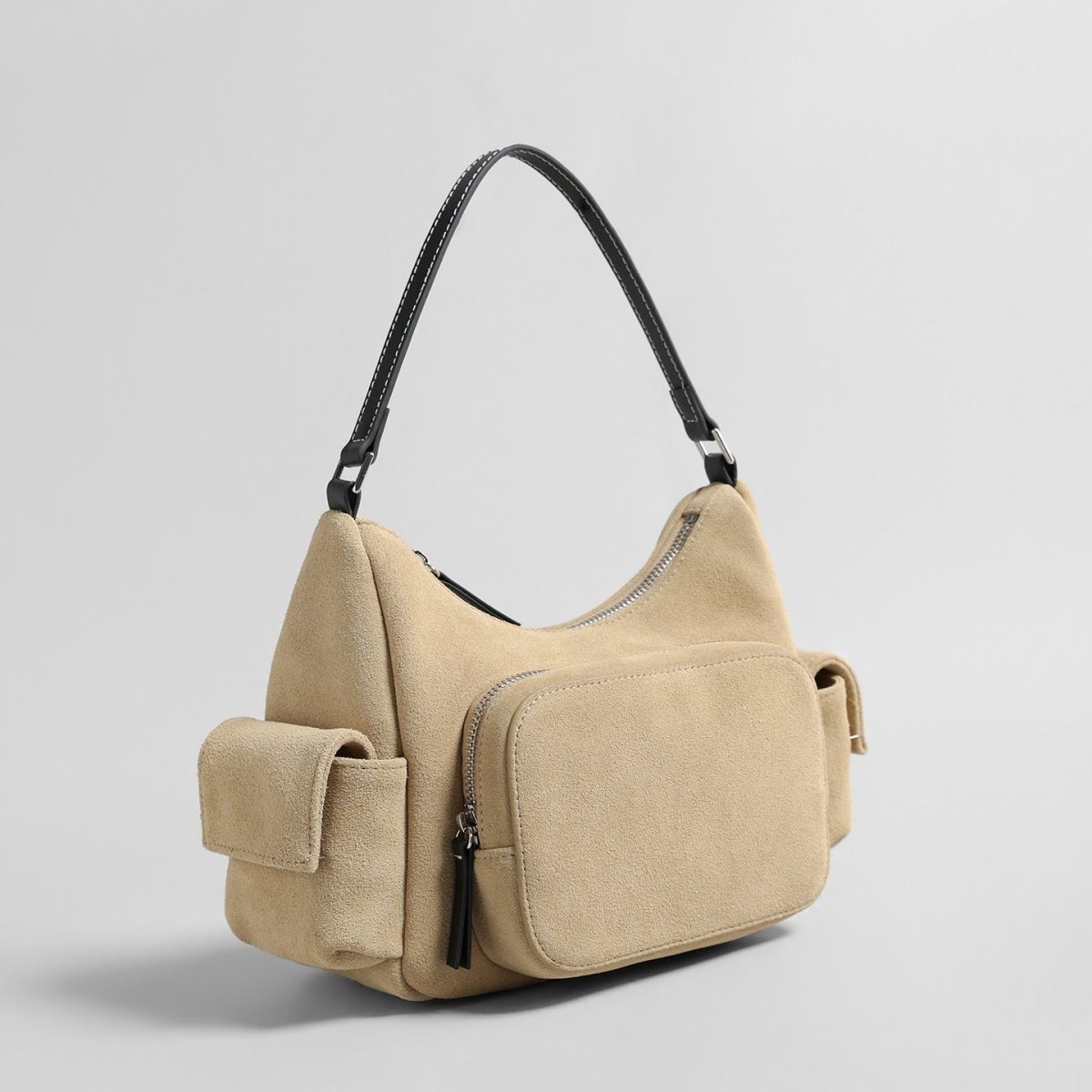 Suede Multi-Pocket Hobo Bag – Contrast Leather Shoulder & Crossbody Bag