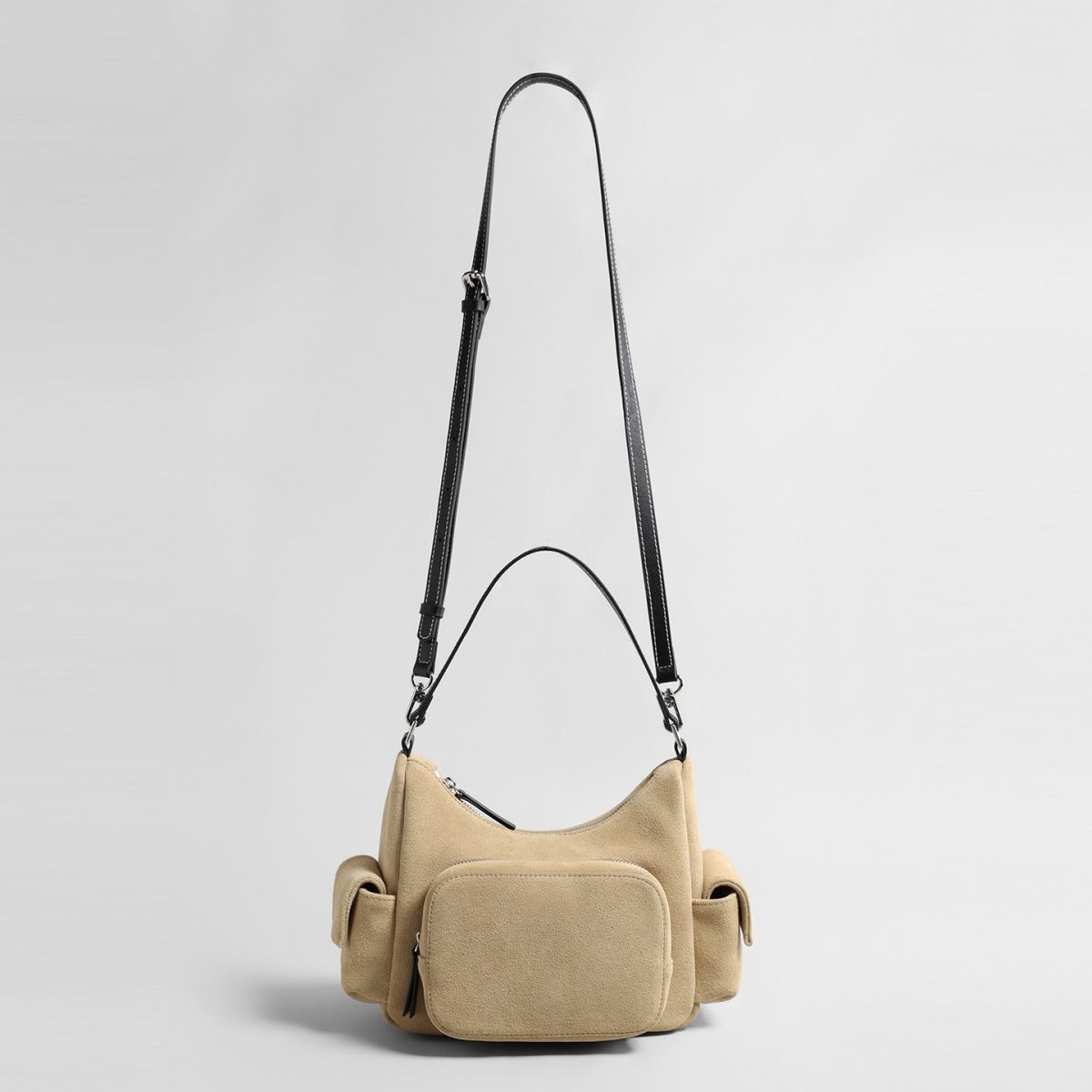 Suede Multi-Pocket Hobo Bag – Contrast Leather Shoulder & Crossbody Bag