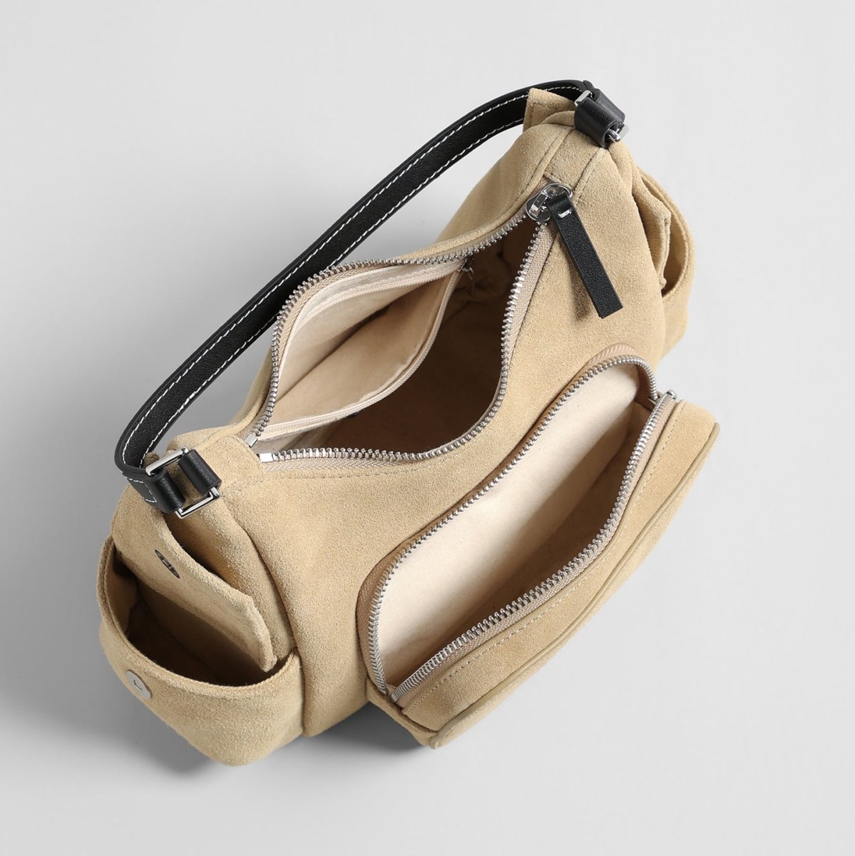 Suede Multi-Pocket Hobo Bag – Contrast Leather Shoulder & Crossbody Bag