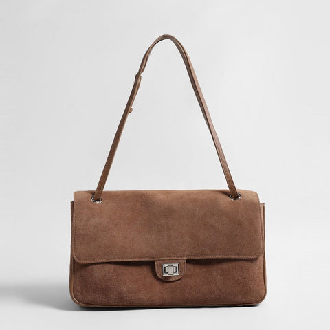 Suede Turn-Lock Flap Bag – Adjustable Underarm & Shoulder Bag