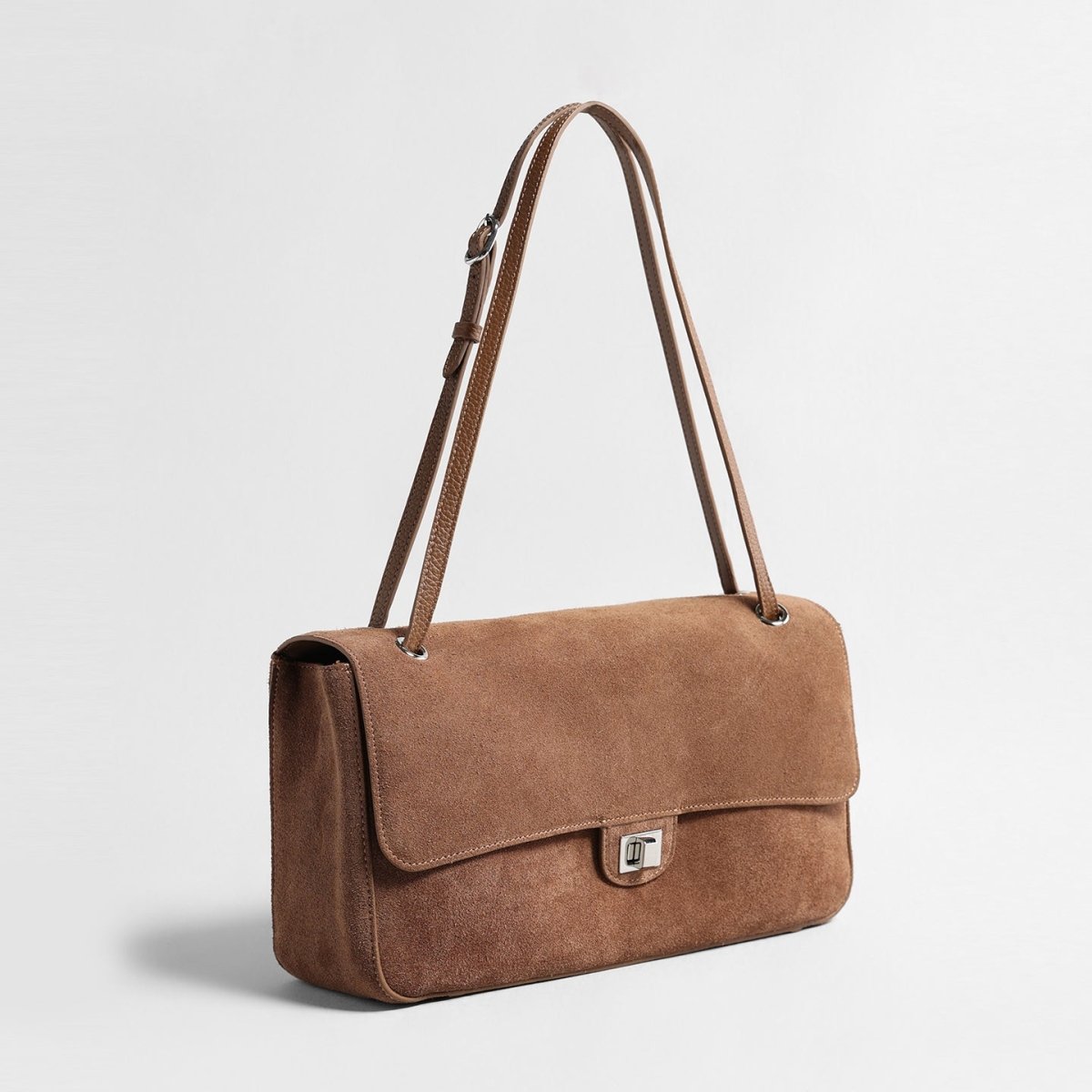 Suede Turn-Lock Flap Bag – Adjustable Underarm & Shoulder Bag