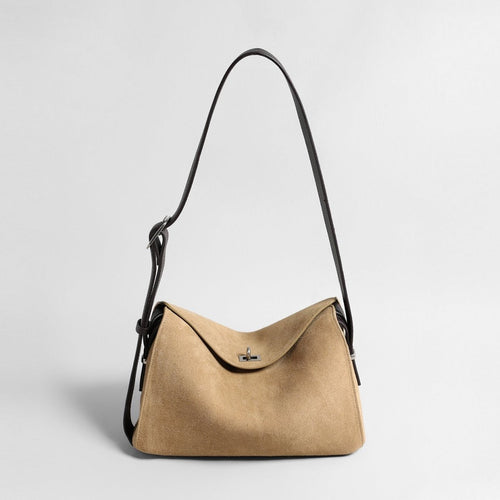 Suede Turn-Lock Hobo Bag – Adjustable Leather Strap Crossbody Bag