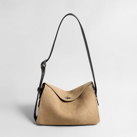 Suede Turn-Lock Hobo Bag – Adjustable Leather Strap Crossbody Bag