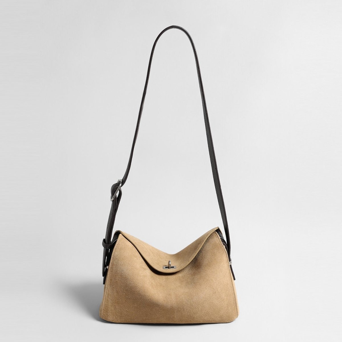 Suede Turn-Lock Hobo Bag – Adjustable Leather Strap Crossbody Bag