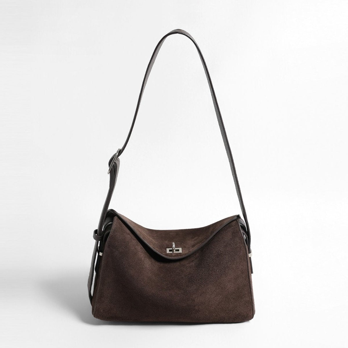 Suede Turn-Lock Hobo Bag – Adjustable Leather Strap Crossbody Bag