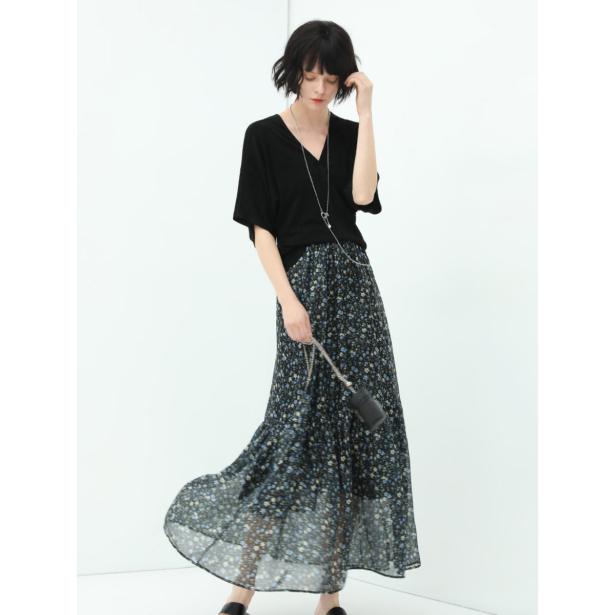 summery floral a line pleated black midi skirt all black 2