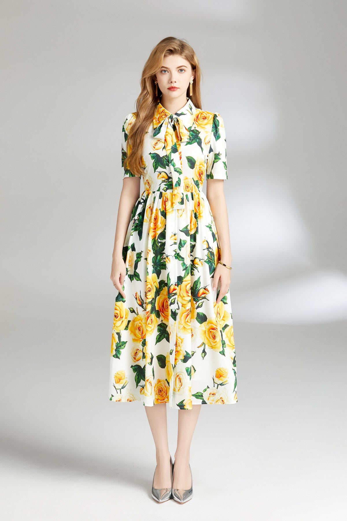 summery floral midi shirt dress all yellow 1