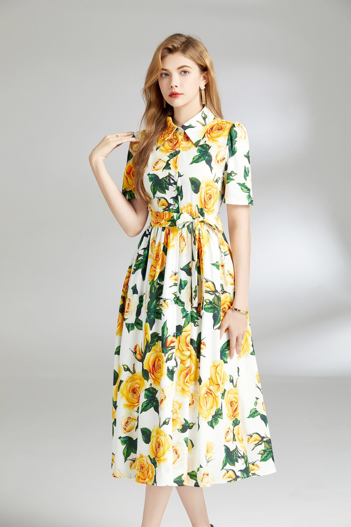 summery floral midi shirt dress all yellow 2